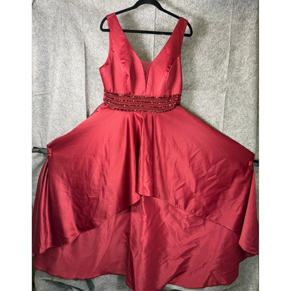 Ever Pretty Womens Size 16 Red Satin Sequin Trim High-Low Formal Evening Dress